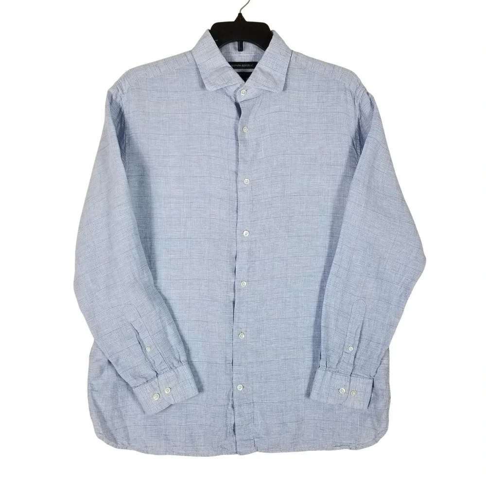 Banana Republic Button Down Men XL Blue Tailored Slim Linen Long Sleeve Shirt
